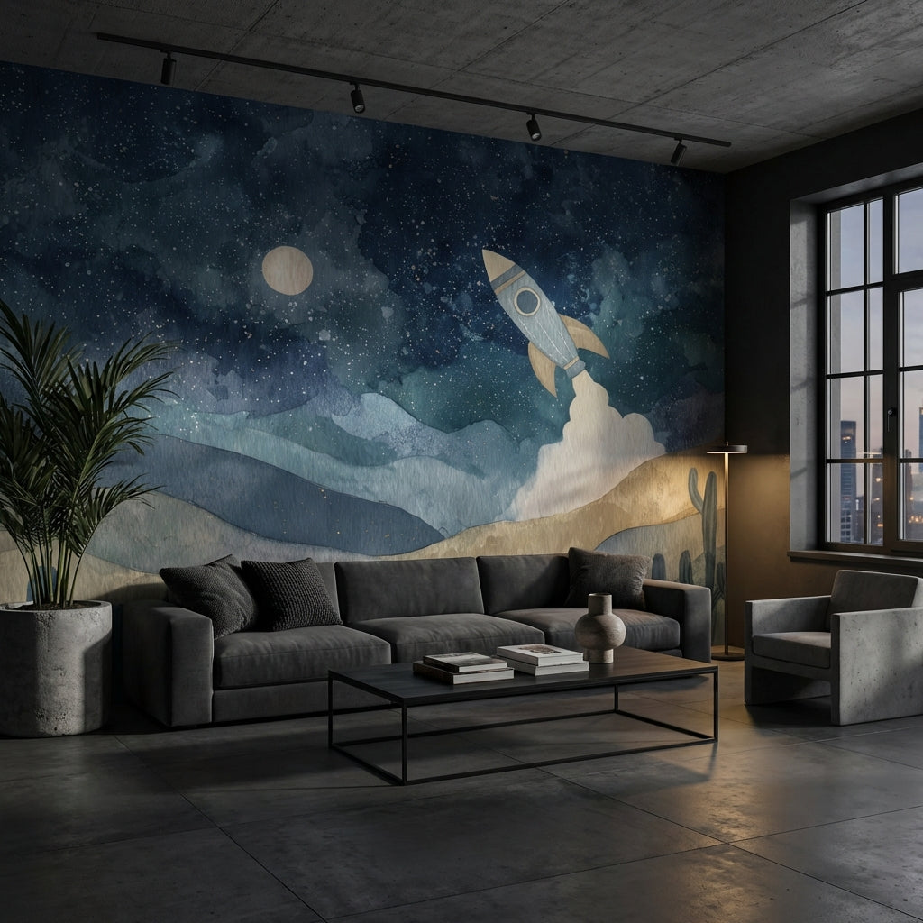 Starry Night Wallpaper Rocket Dreamy Wall Mural