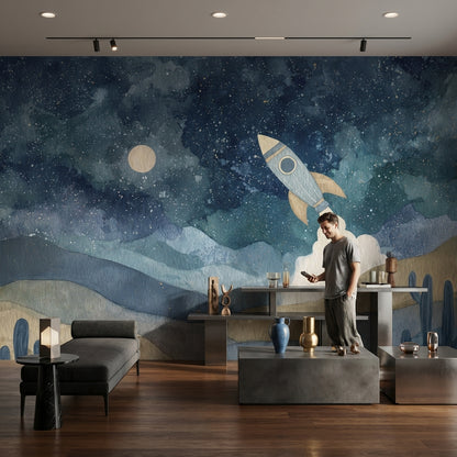 Starry Night Wallpaper Rocket Dreamy Wall Mural