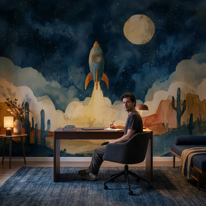 Starry Night Wallpaper Rocket Desert Wall Mural
