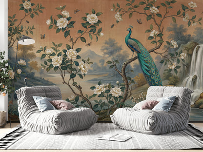 Peacock Wallpaper Floral Waterfall Removable Wall Decor