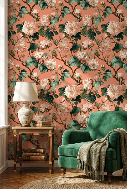 Floral Wallpaper Vintage Peach Removable Wall Decor