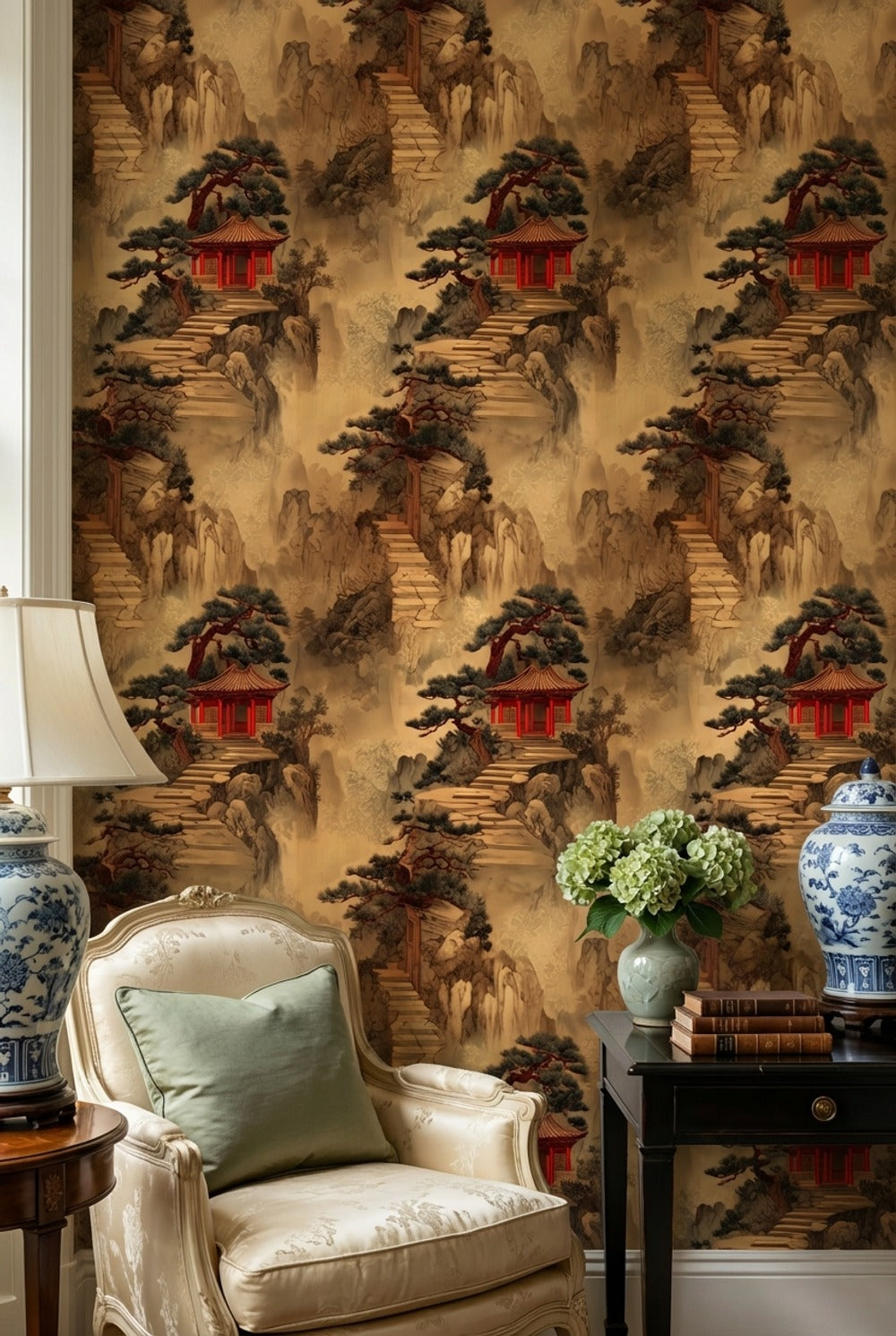 Oriental Pavilion Wallpaper Landscape Removable Traditional Wall Decor