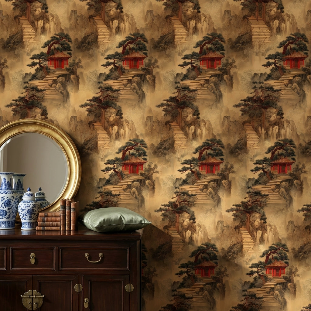Oriental Pavilion Wallpaper Landscape Removable Traditional Wall Decor