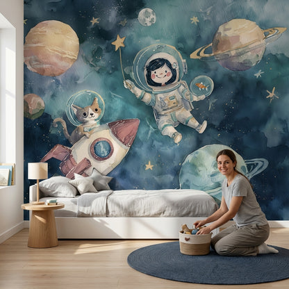 Astronaut Wallpaper Cat Planets Wall Mural