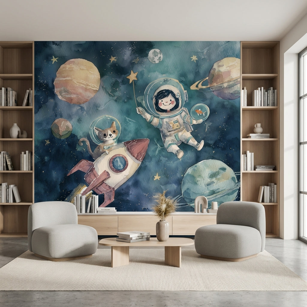 Astronaut Wallpaper Cat Planets Wall Mural