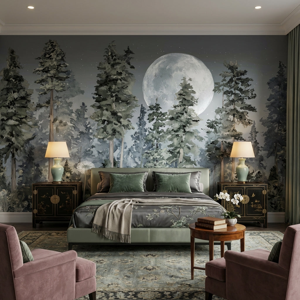 Forest Moon Wallpaper Trees Removable Wildflowers Wall Double Roll