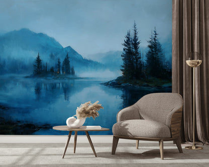 Misty Lake Wallpaper Pine Trees Serene Wall Decor