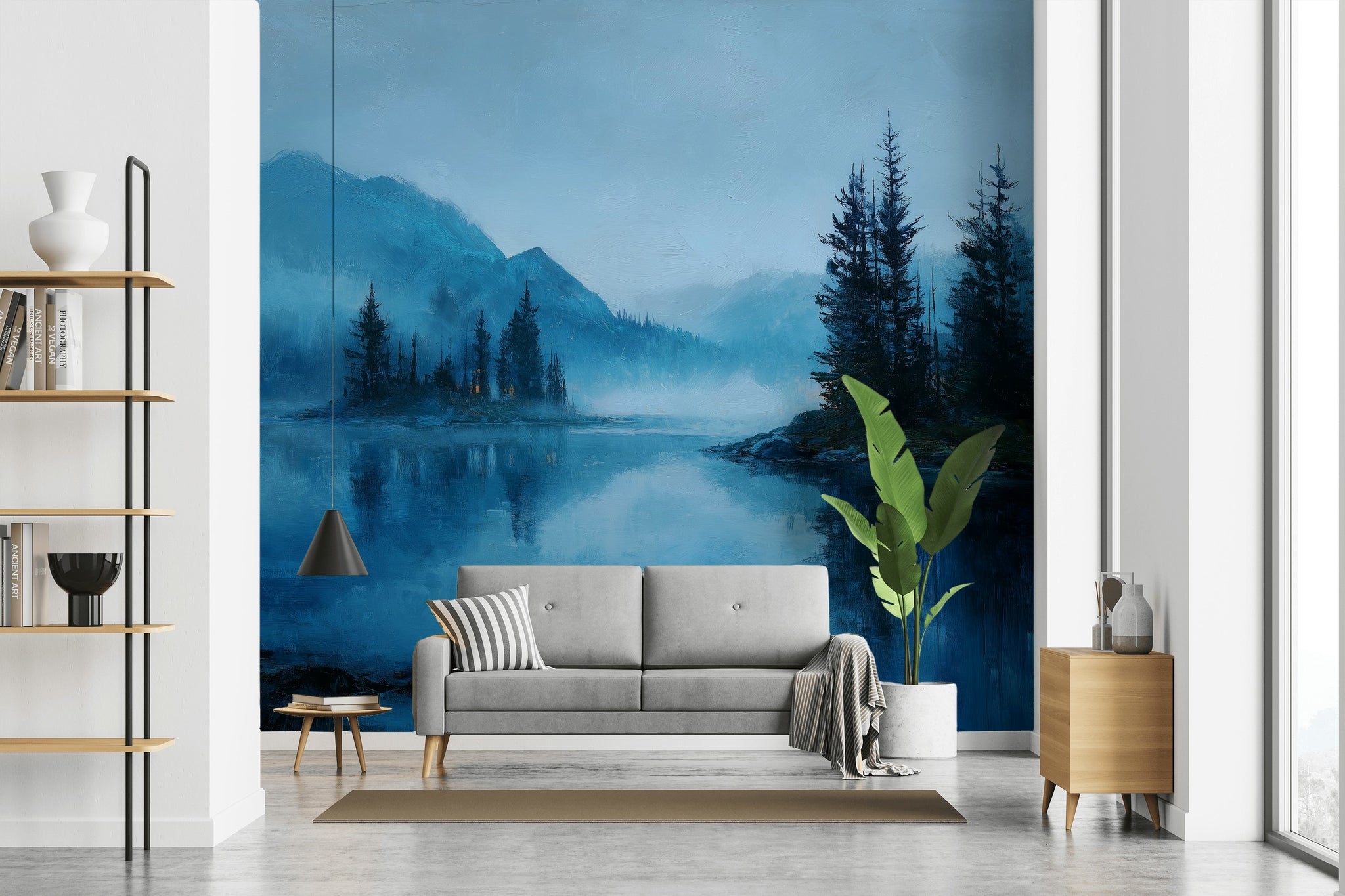 Misty Lake Wallpaper Pine Trees Serene Wall Decor