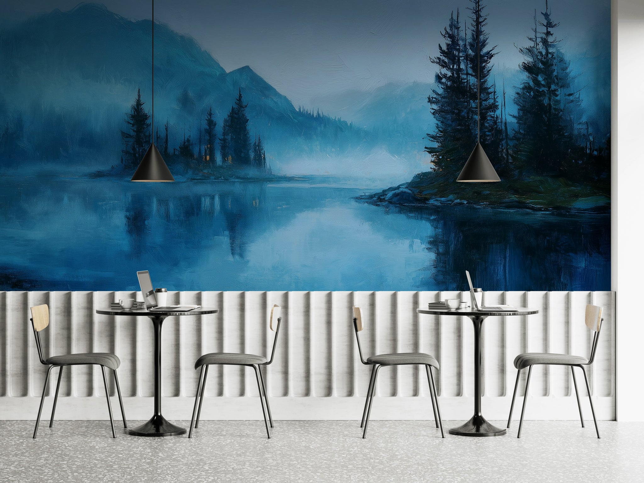 Misty Lake Wallpaper Pine Trees Serene Wall Decor