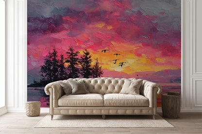 Sunset Wallpaper Island Birds Removable Wall Decor