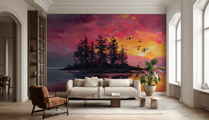Sunset Wallpaper Island Birds Removable Wall Decor