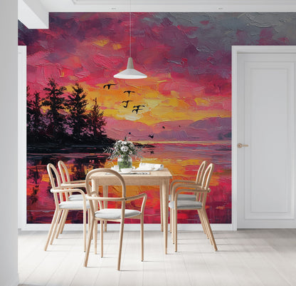 Sunset Wallpaper Island Birds Removable Wall Decor