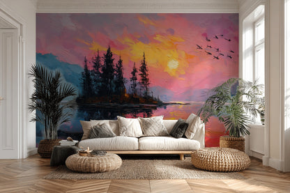 Sunset Wallpaper Lake Removable Trees Wall Mural