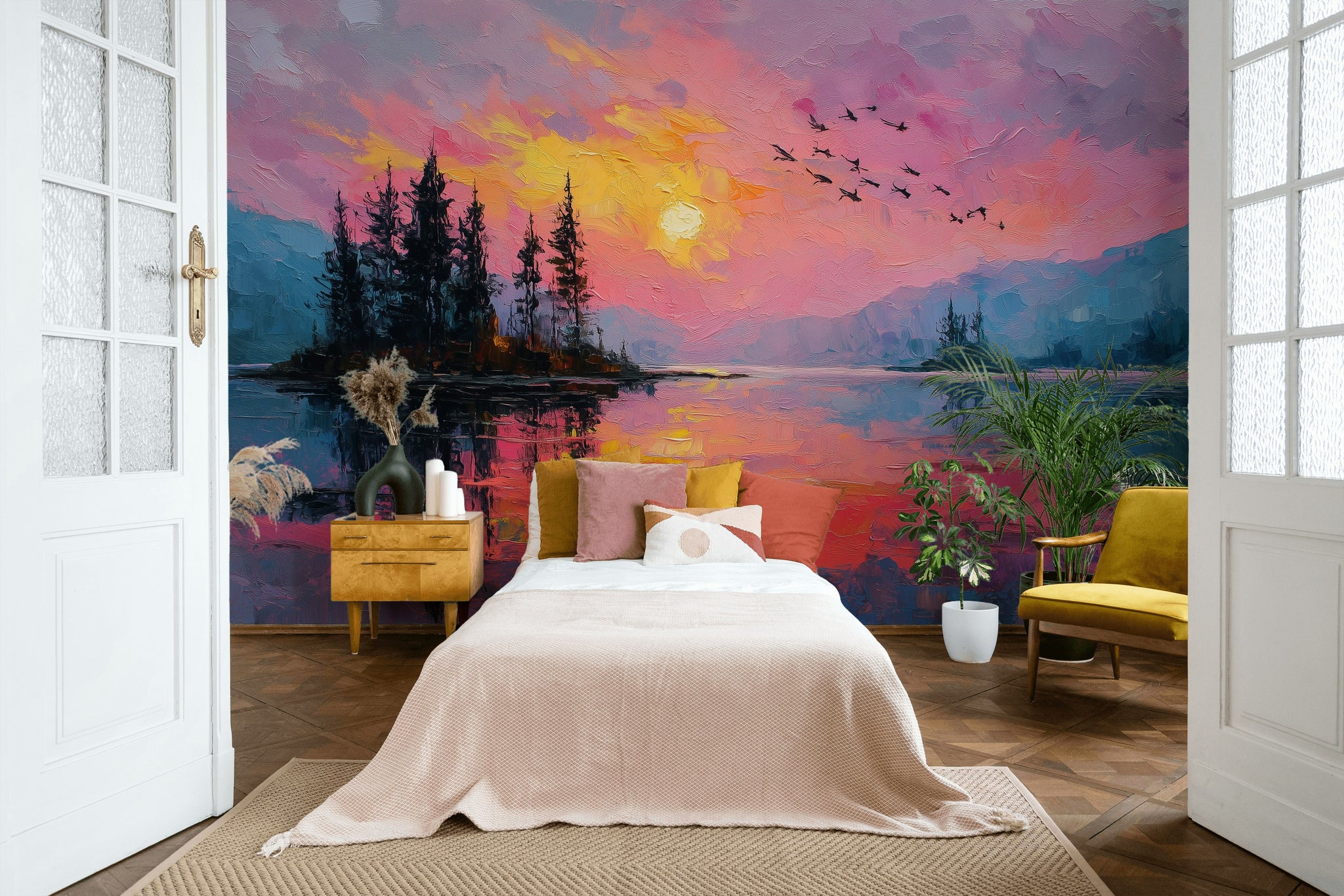 Sunset Wallpaper Lake Removable Trees Wall Mural