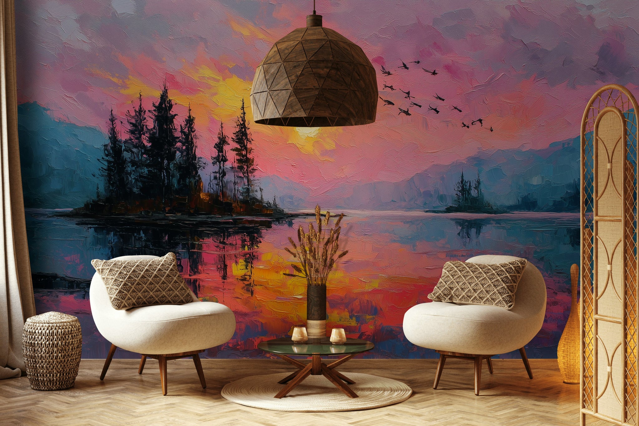Sunset Wallpaper Lake Removable Trees Wall Mural
