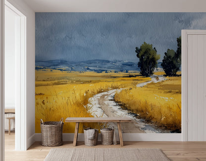 Cloudy Sky Wallpaper Trees Wheat Field Wall Mural
