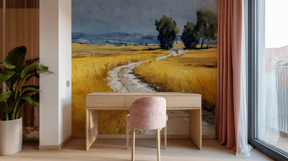 Cloudy Sky Wallpaper Trees Wheat Field Wall Mural