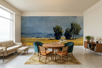Cloudy Sky Wallpaper Trees Wheat Field Wall Mural