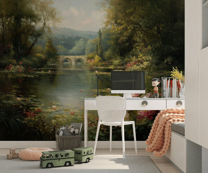 Serene Pond Wallpaper Nature Greenery Wall Mural