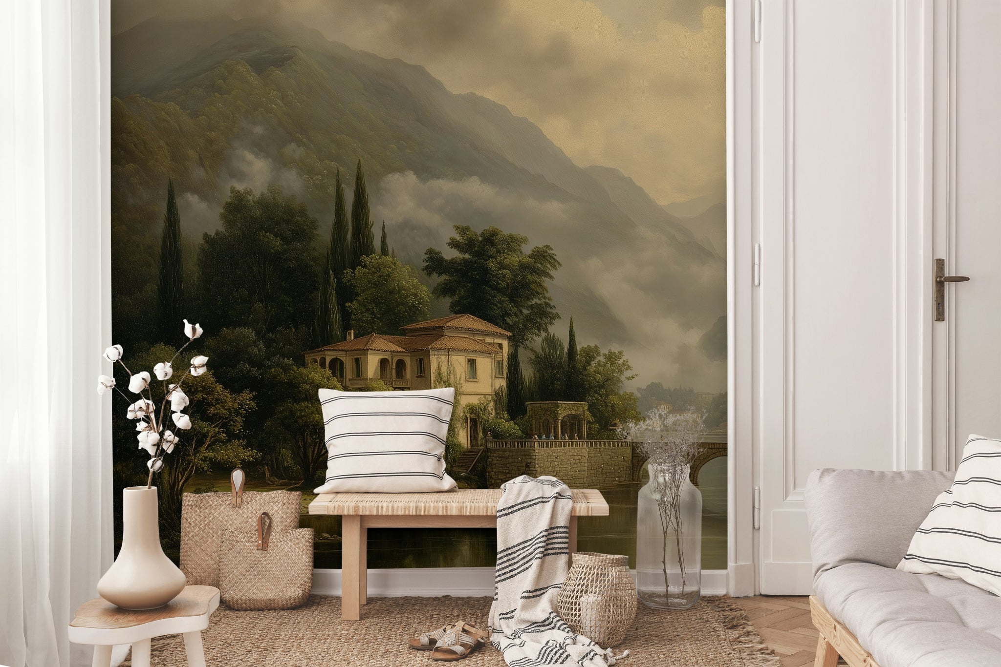 Traditional Villa Wallpaper Bridge Serene Wall Art