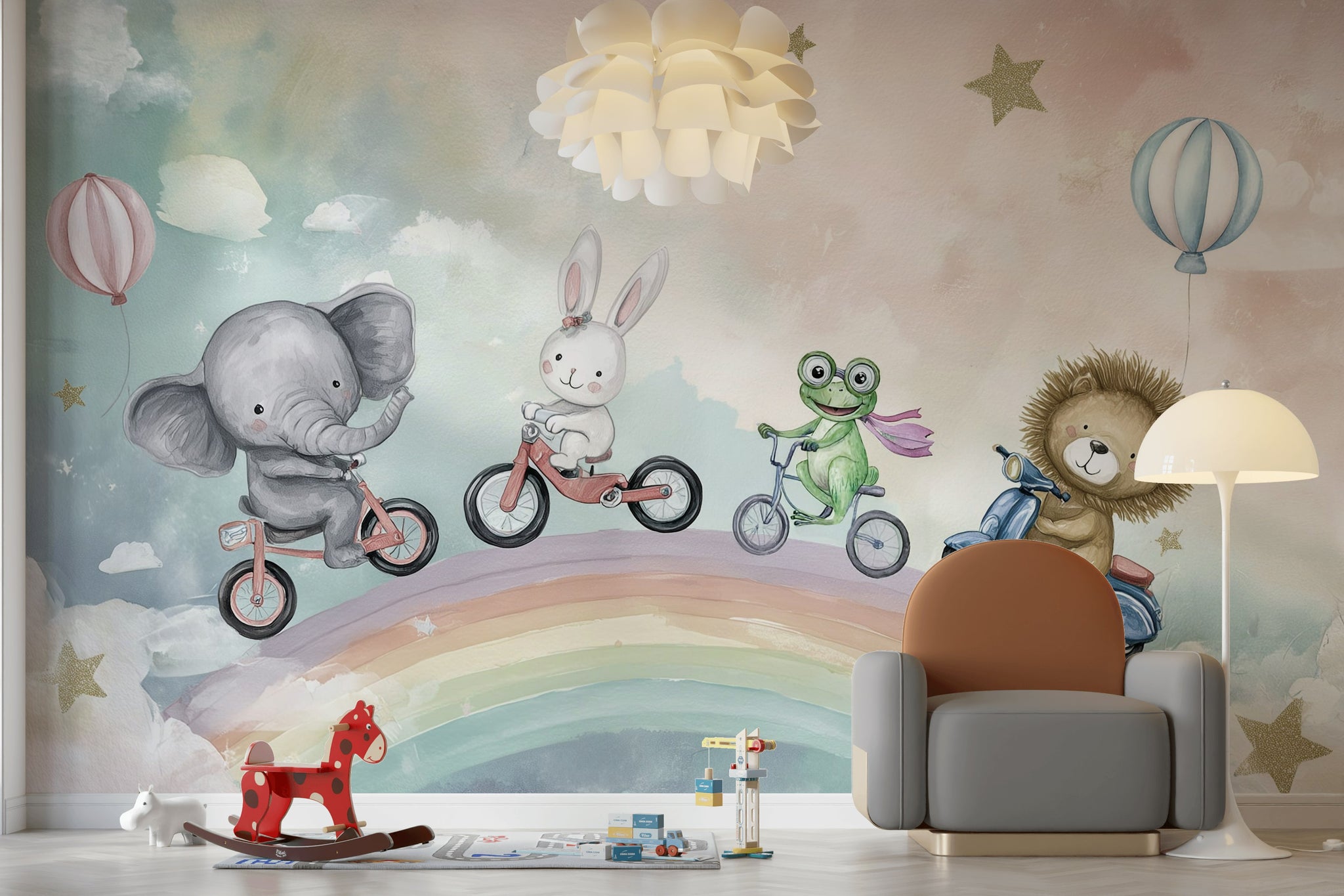 Whimsical Rainbow Wallpaper Animals Pastel Removable Wall Decor