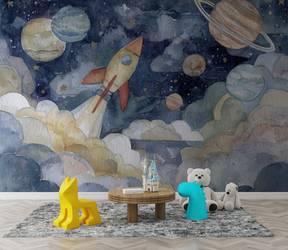 Space Rocket Wallpaper Planets Whimsical Wall Mural