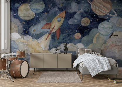 Space Rocket Wallpaper Planets Whimsical Wall Mural