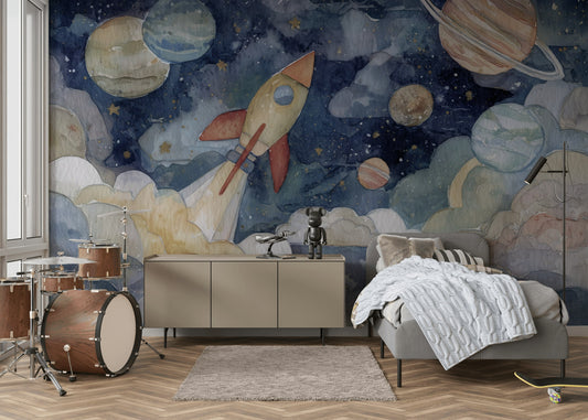 Space Rocket Wallpaper Planets Whimsical Wall Mural