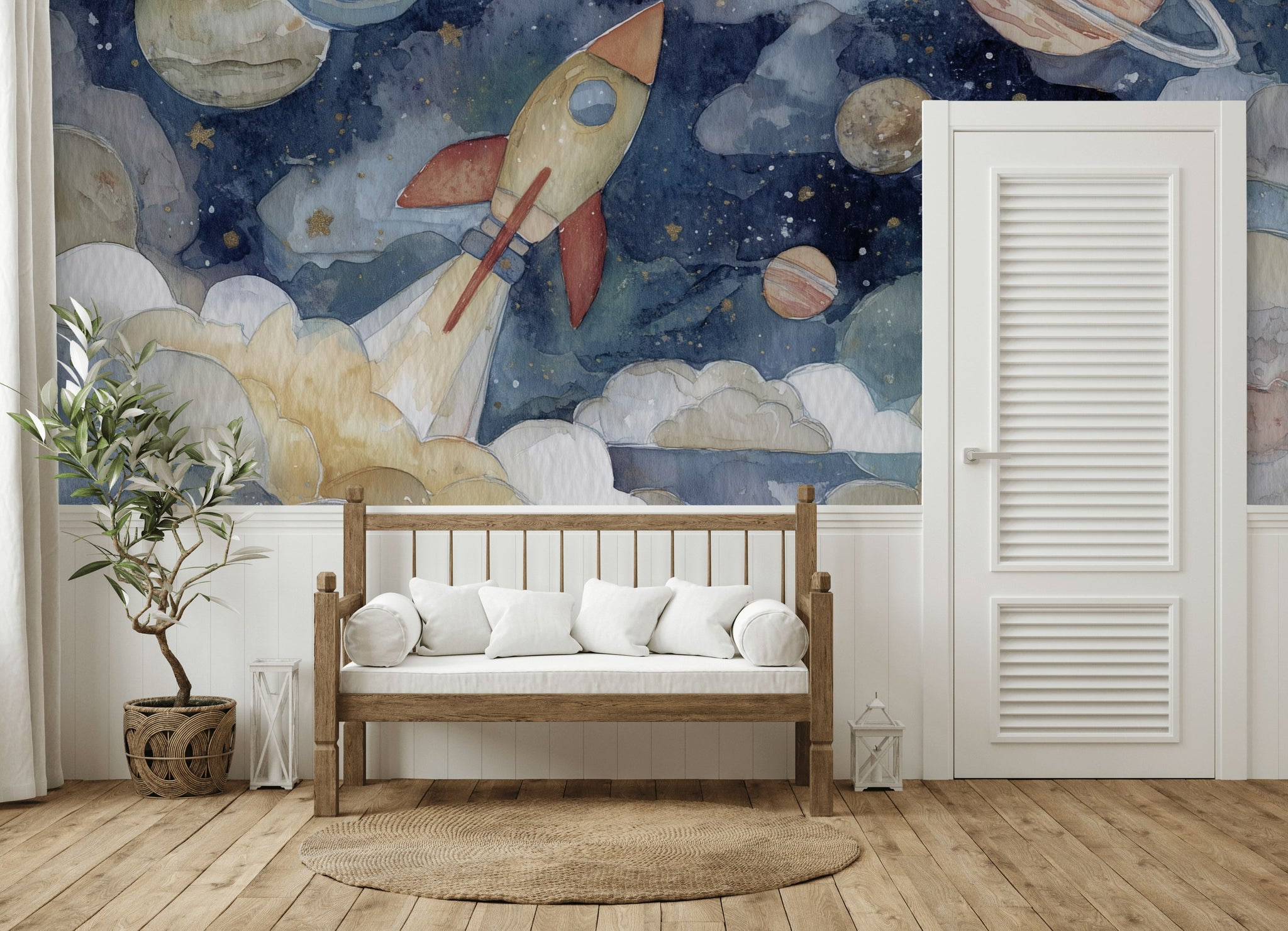 Space Rocket Wallpaper Planets Whimsical Wall Mural