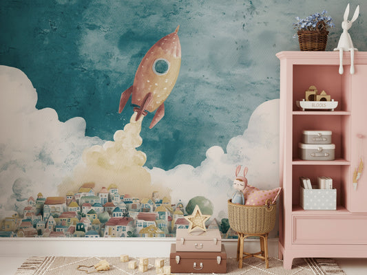 Rocket Wallpaper Town Removable Clouds Wall Mural