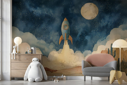 Starry Night Wallpaper Rocket Desert Wall Mural