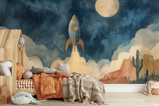 Starry Night Wallpaper Rocket Desert Wall Mural