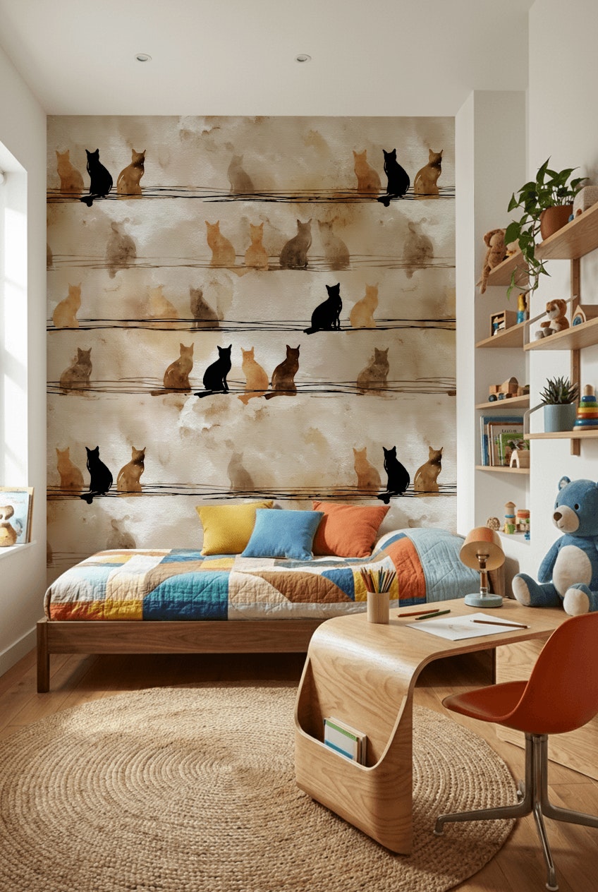 Cats Silhouettes Wallpaper Abstract Removable Artistic Wall Decor