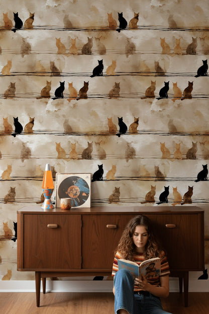 Cats Silhouettes Wallpaper Abstract Removable Artistic Wall Decor