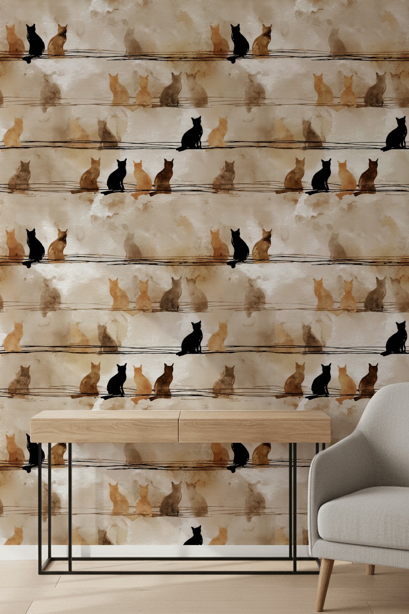 Cats Silhouettes Wallpaper Abstract Removable Artistic Wall Decor