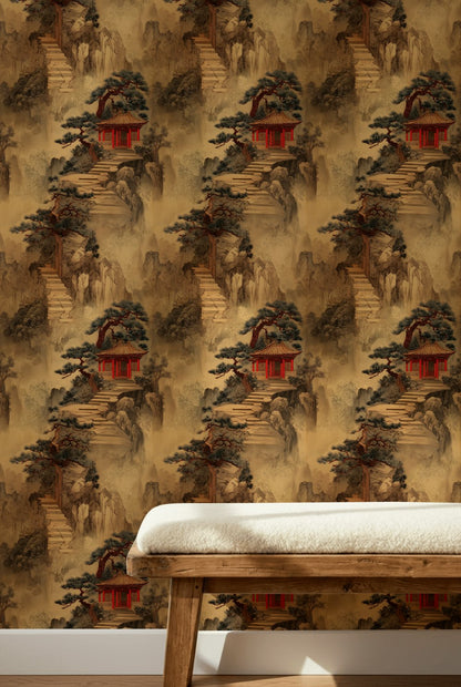 Oriental Pavilion Wallpaper Landscape Removable Traditional Wall Decor
