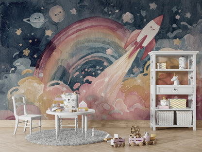 Space Wallpaper Rocket Planets Removable Wall Decor