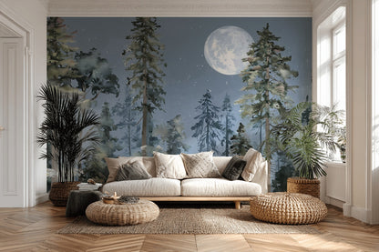 Shades Of Green Wallpaper Moonlit Night Sky Removable Wall Decor