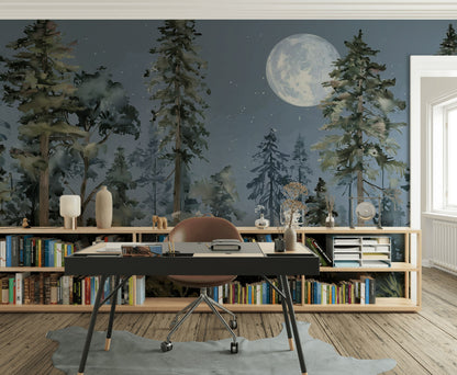 Shades Of Green Wallpaper Moonlit Night Sky Removable Wall Decor