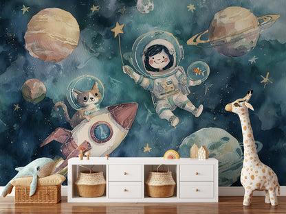 Astronaut Wallpaper Cat Planets Wall Mural