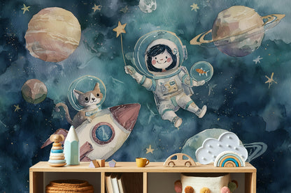 Astronaut Wallpaper Cat Planets Wall Mural