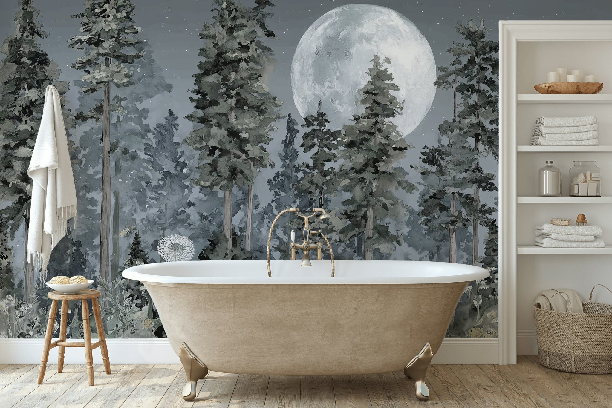 Forest Moon Wallpaper Trees Removable Wildflowers Wall Double Roll