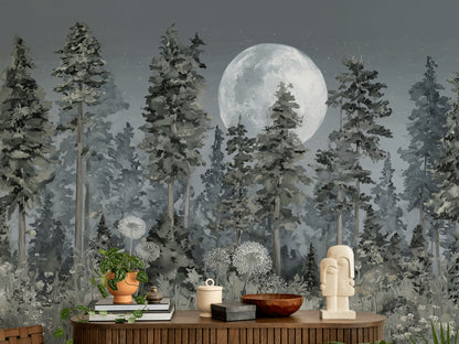 Forest Moon Wallpaper Trees Removable Wildflowers Wall Double Roll
