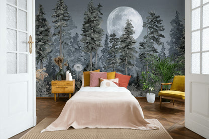Forest Moon Wallpaper Trees Removable Wildflowers Wall Double Roll