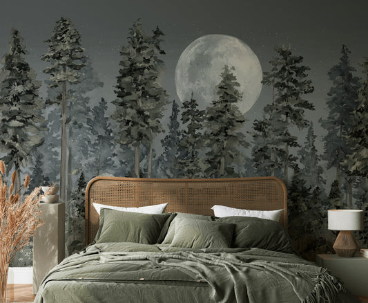 Forest Moon Wallpaper Trees Removable Wildflowers Wall Double Roll