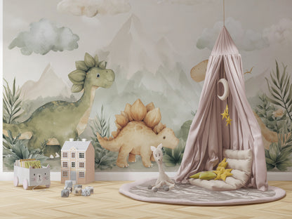 Dinosaurs Wallpaper Landscape Playful Wall Decor