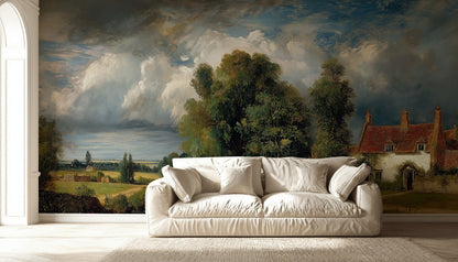 Cottage Landscape Wallpaper Trees Vintage Wall Mural