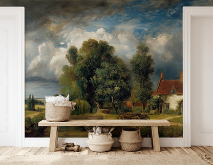 Cottage Landscape Wallpaper Trees Vintage Wall Mural