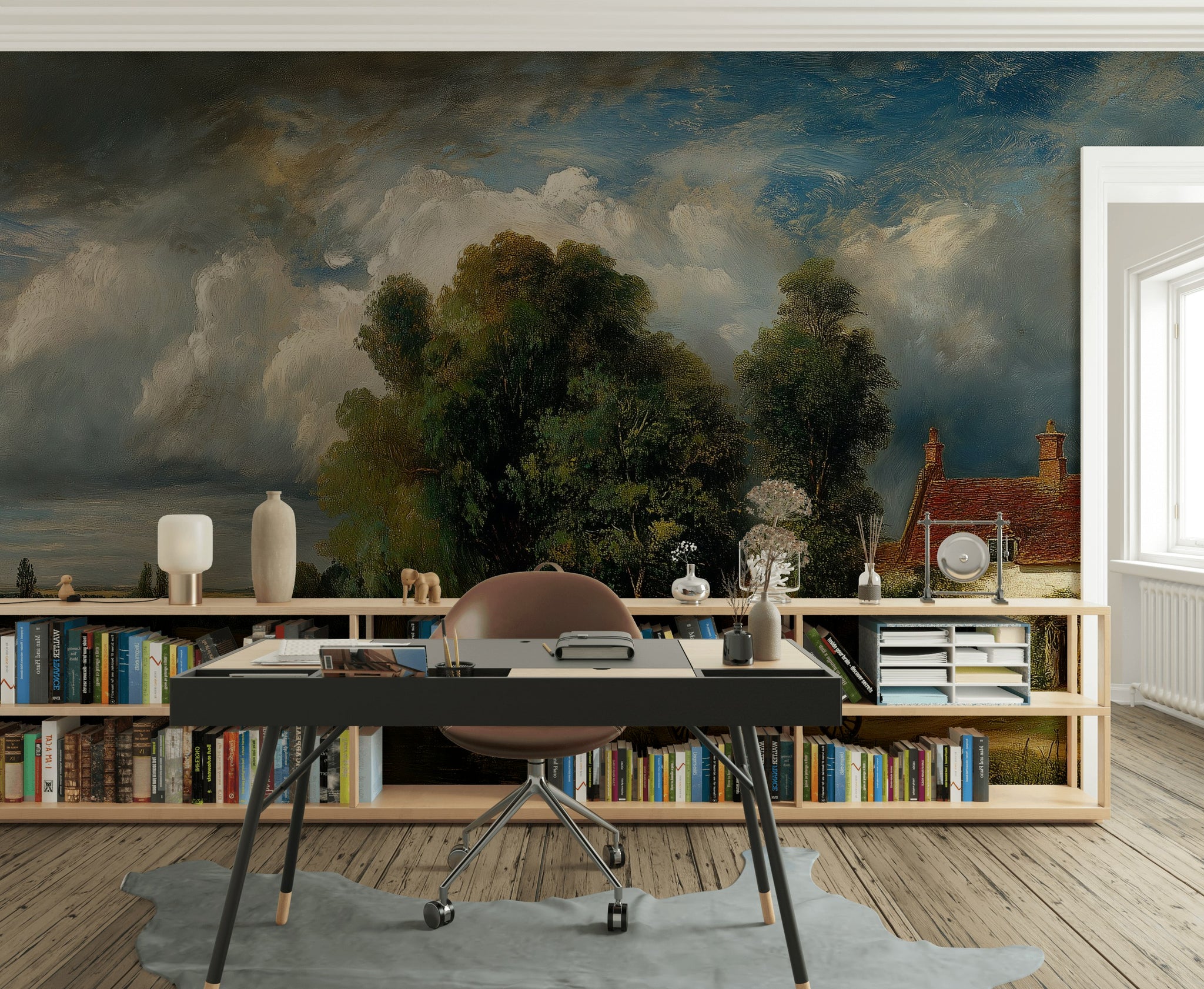 Cottage Landscape Wallpaper Trees Vintage Wall Mural