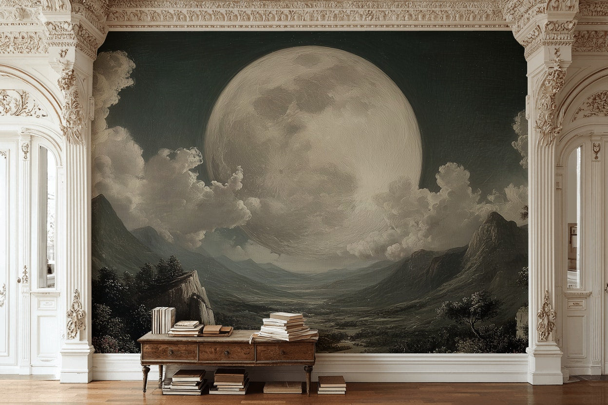 Moon Landscape Wallpaper Mountains Removable Clouds Wall Double Roll